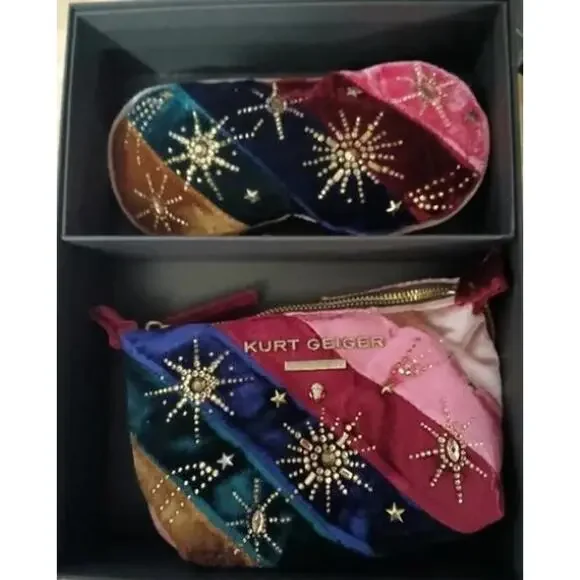 NEW NWT Kurt Geiger London Sleep Mask & Pouch Boxed Gift Set Velvet Multicolor